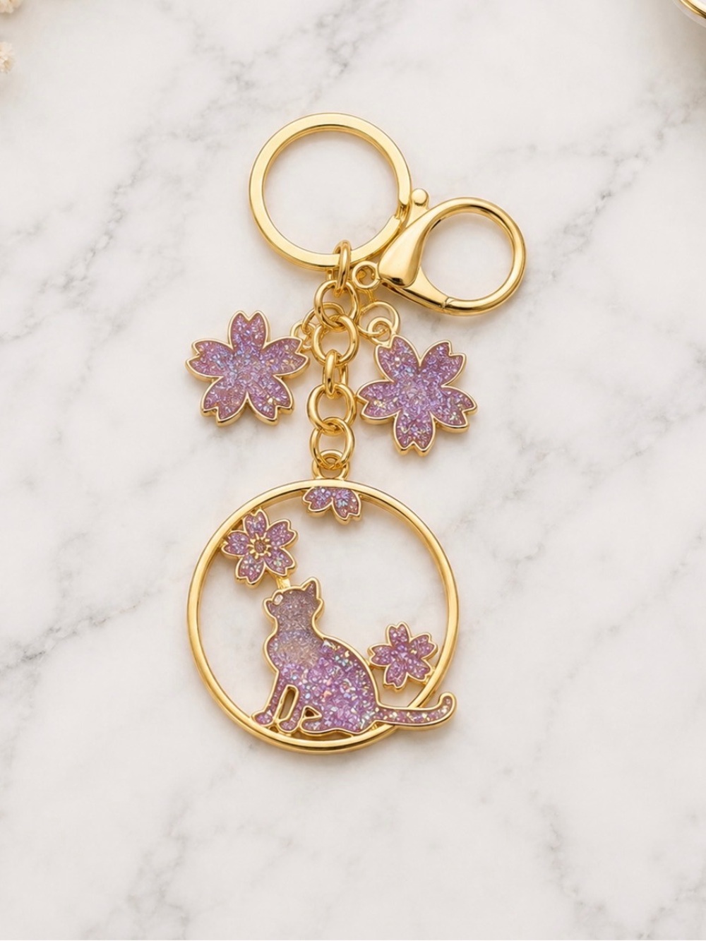 Keyring-Lavender Cat Framed with Floral Charms-Gold Hardware-NWOT